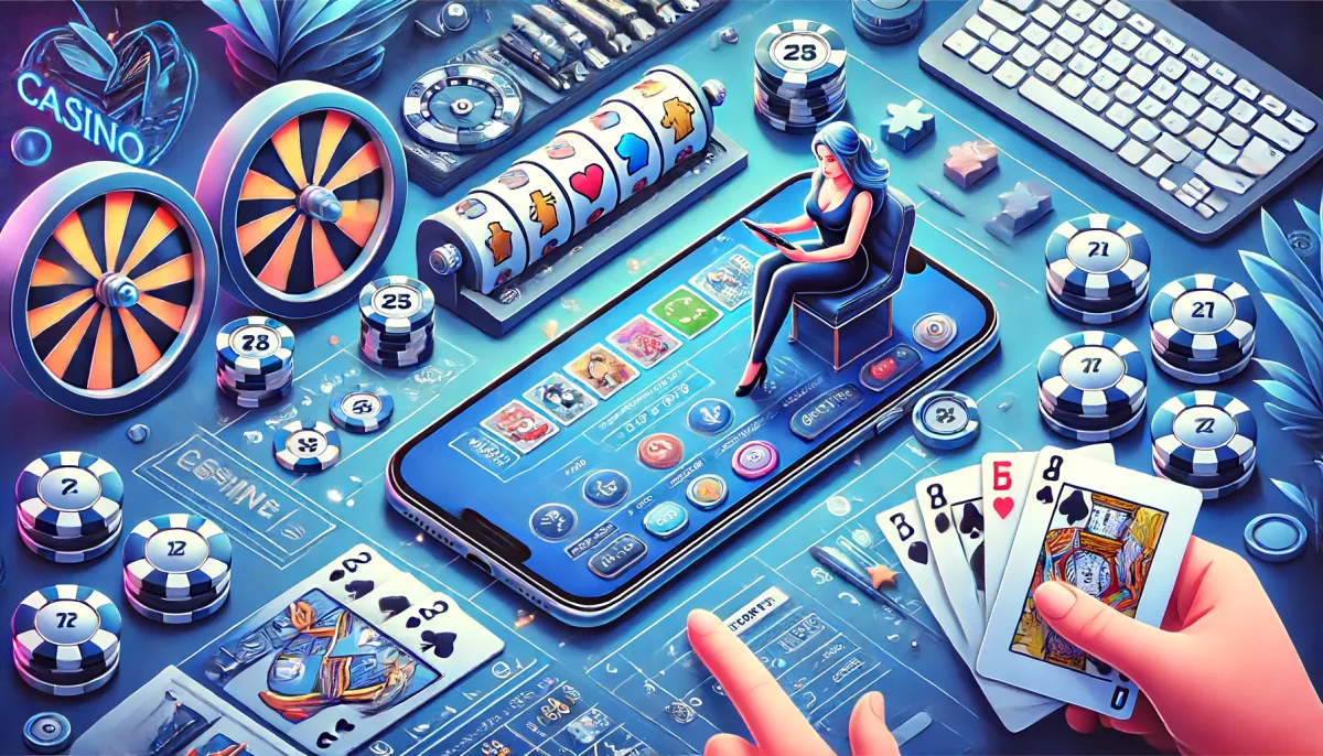 cartoonish image of a woman playing a casino game on the phone